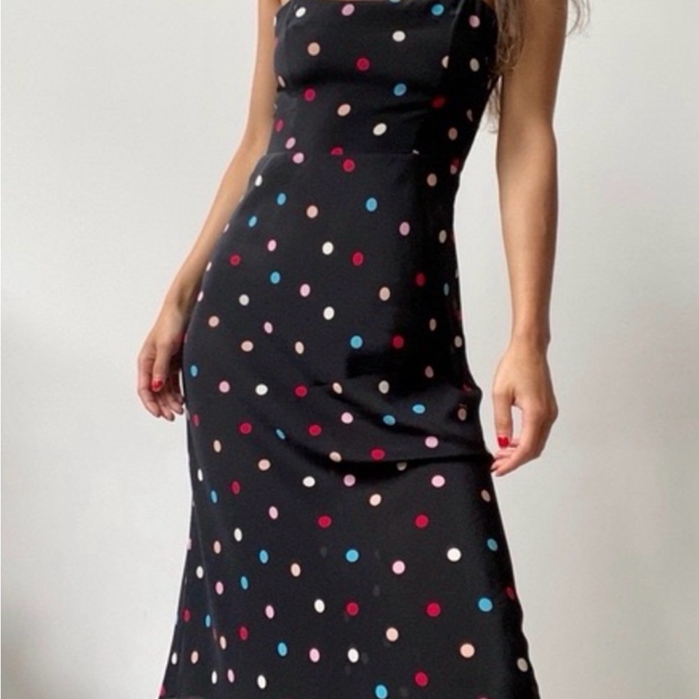 Réalisation Par Black Midi Slip Dress with Multicolor Polka Dots